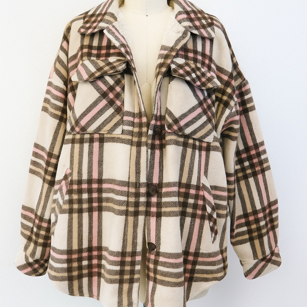 Plaid Teddy Jacket - Cream, Pink, and Brown